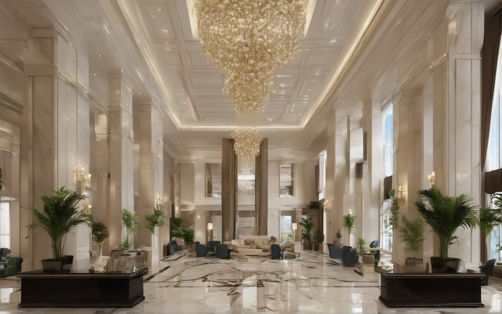 Hotel lobby with marble flooring